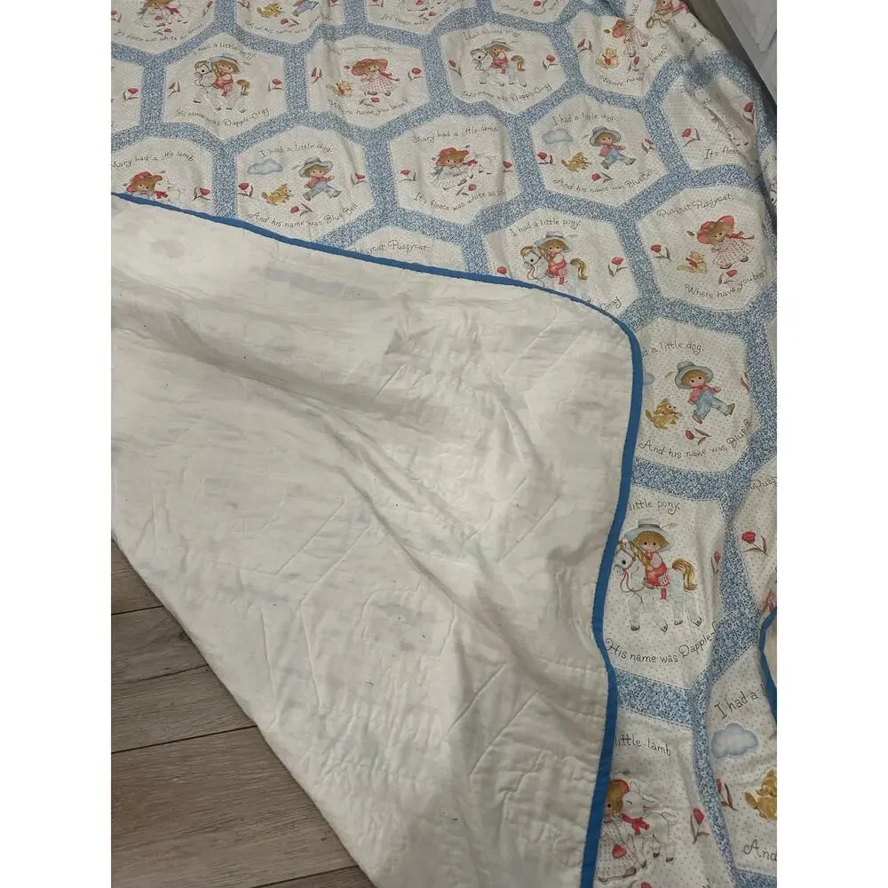 Vintage 1980s Baby Quilt Featuring Hexagon Panels Nursery Rhyme Motif Blue Twin